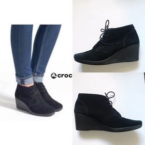 Black Crocs suede ankle wedge boots size 9